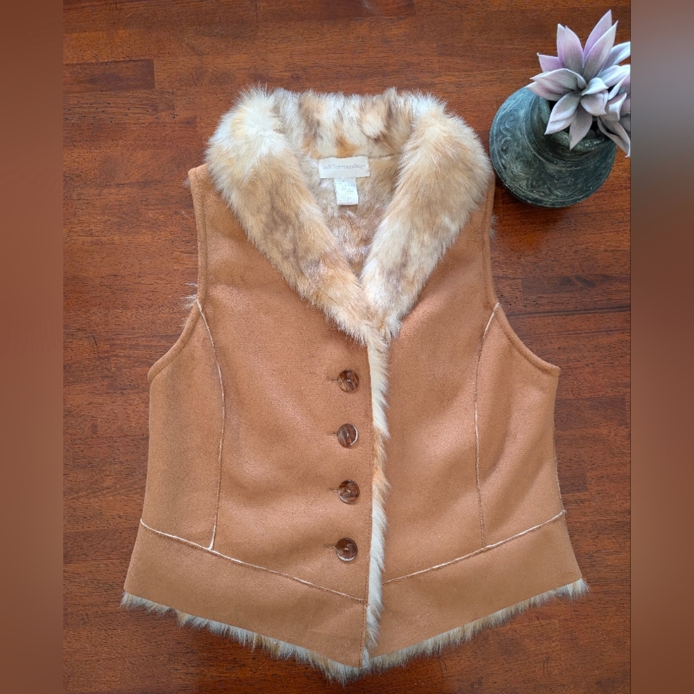 Soft Surroundings Camel Faux Fur And Suede Reversible Vest
